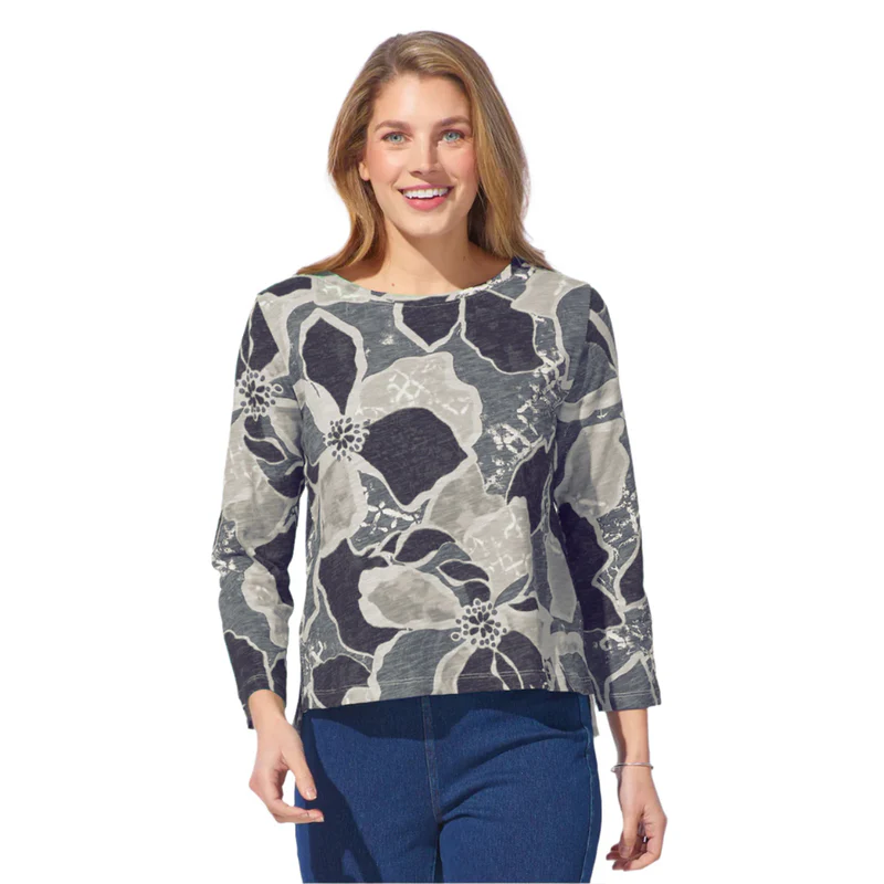 Grey & Black Floral Long Sleeve Top – Soft Everyday Knit