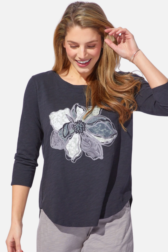 Charcoal Floral Long Sleeve Top – Soft Knit Everyday Tee