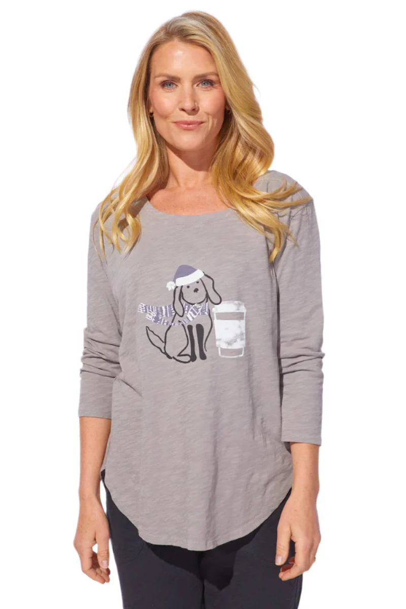 Grey Long Sleeve Holiday Dog Tee – Cozy Graphic Top