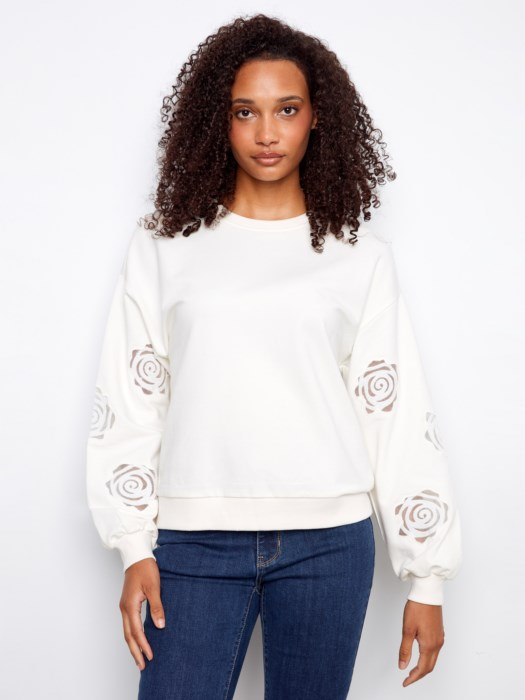 Embroidered Sleeve Pullover Sweatshirt for Women – Soft Casual Top