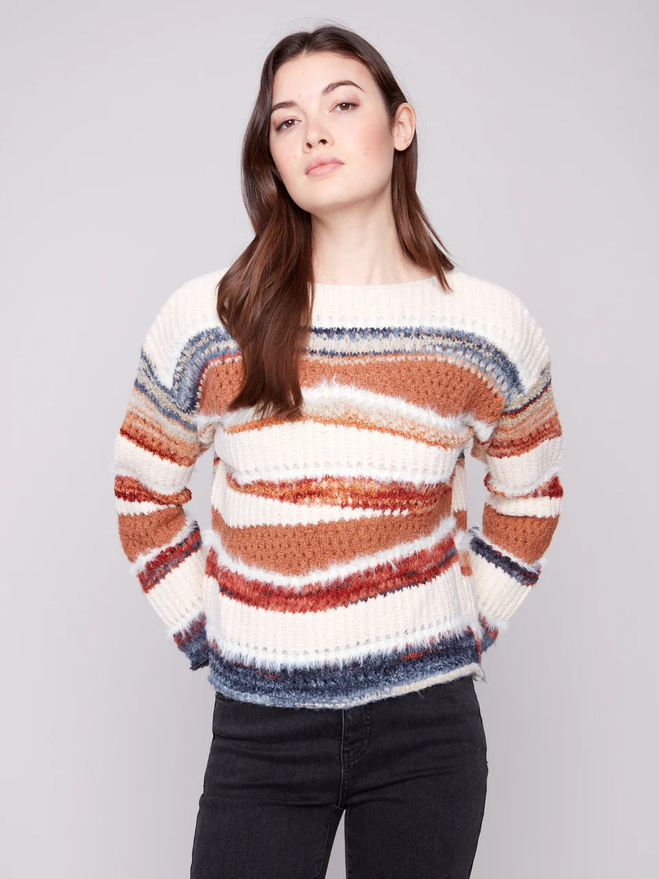 Cozy Patchwork Stripe Knit Sweater – Soft Textured Fall/Winter Pullover