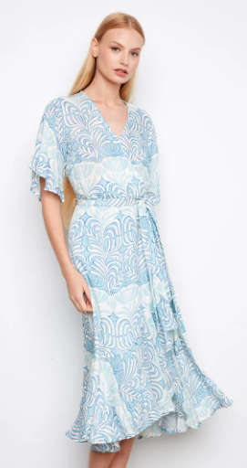 Charlie B Coastal Blue Abstract Print Flutter Sleeve Midi Wrap Dress