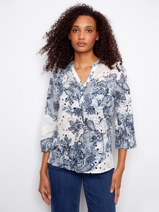 Printed V-Neck Blouse with Eyelet Detail for Women – Casual Top