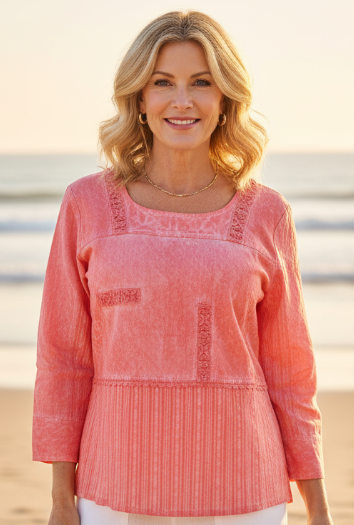 Sun-Washed Coral Pleated Hem Blouse | Lightweight 3/4 Sleeve Top