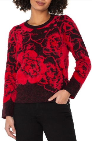 Red & Black Floral Sweater – Soft Textured Crewneck Knit