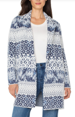 Blue & White Cozy Knit Cardigan Jacket – Long Open-Front Layer