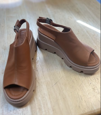 Tan Leather Slingback Wedge Sandals with Cushioned Sole