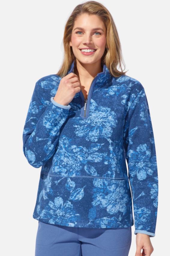 Blue Floral Fleece Quarter-Zip Pullover – Cozy Winter Layer