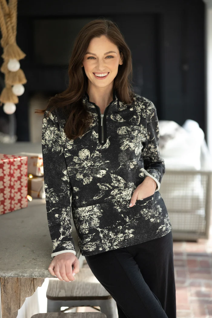 Black Floral Half-Zip Pullover – Cozy Winter Layer
