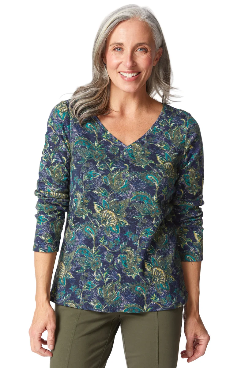 Autumn Paisley V-Neck Long Sleeve Top – Soft Casual Fall Knit