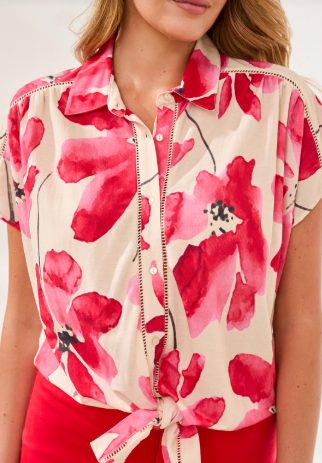 Tribal Pink Watercolor Floral Tie-Front Button-Up Blouse