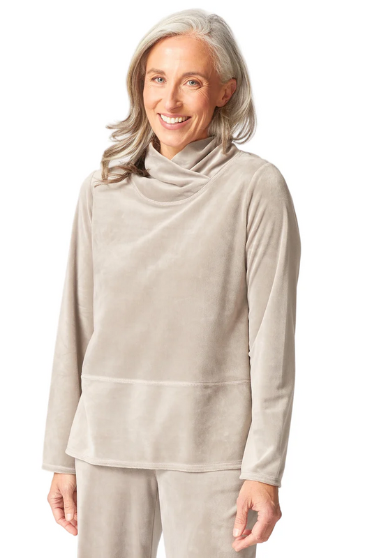 Latte Velour Tranquil Top – Soft Cowl Neck Cozy Pullover