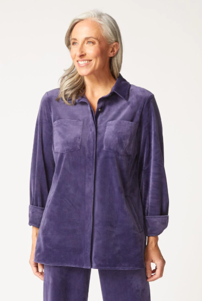 Velour Button-Front Shirt Jacket – Ultra-Soft Navy Lounge Top