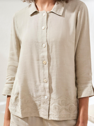 Tribal Women's Embroidered Linen Blend Shirt – Coastal Beige Button-Up