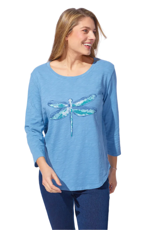 Indigo Dragonfly Hi-Lo Cotton Tee – 3/4 Sleeve Art Top