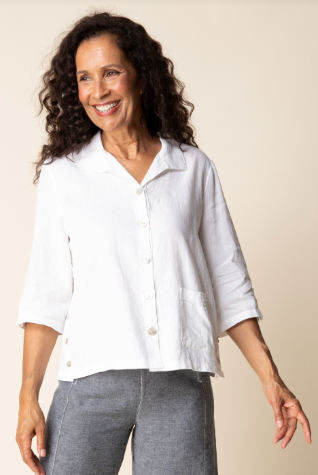 White Relaxed Linen Blend Button Front Shirt for Women