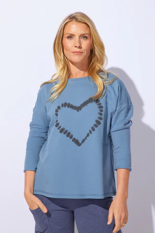 Indigo Fleece Heart Pullover – Cozy 3/4 Sleeve Sweatshirt