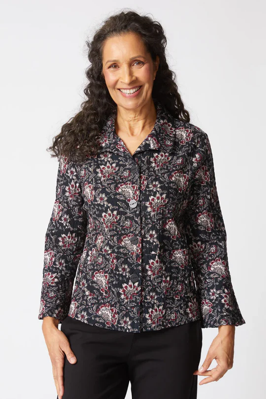 Floral Textured Button-Front Jacket – Black & Burgundy Lightweight Layer