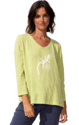 Coastal Lime Lizard Graphic Slub Knit Relaxed Long Sleeve Top