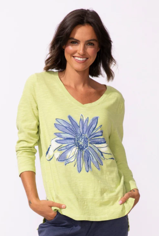 Coastal Lime Floral Slub Knit Top – Relaxed Long Sleeve Artistic Graphic Tee