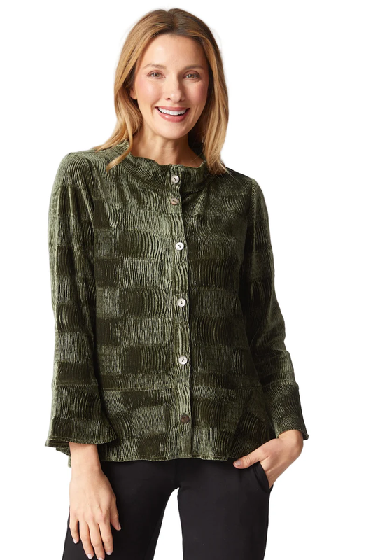 Olive Textured Velvet Button-Front Top – Elegant Dressy Blouse