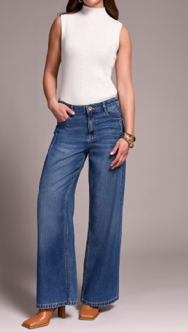 “Wide-leg blue denim jeans with a high-rise waist, pleated front, and relaxed full-length leg”
