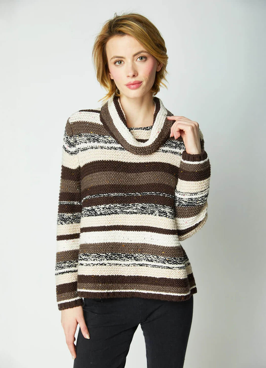 Rustic Truffle Stripe Cowl-Neck Sweater – Cozy Fall & Winter Knit