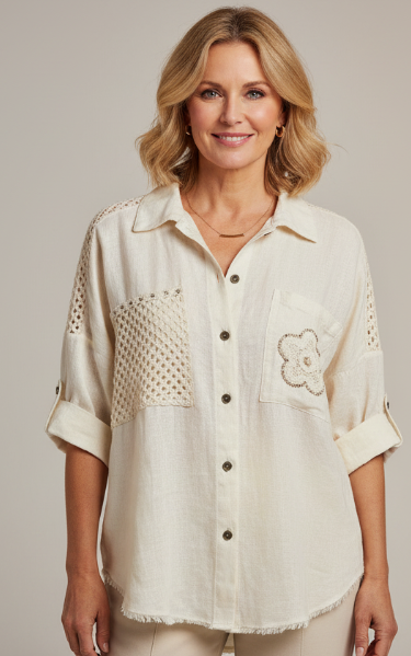 Coastal Breeze Linen Button-Down: Artisan Crochet Pocket Blouse