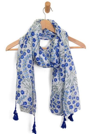Coastal Blue Floral Tassel Scarf – Lightweight Summer Wrap