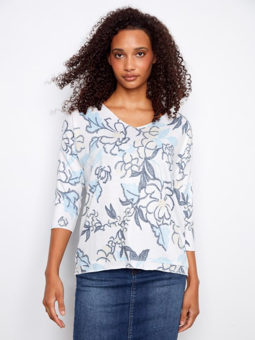 Coastal Floral V-Neck Knit Top – Lightweight Casual 3/4 Sleeve Top
