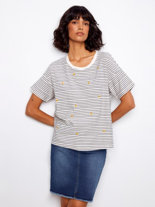 Striped Short Sleeve Tee with Embroidered Detail  Casual Top