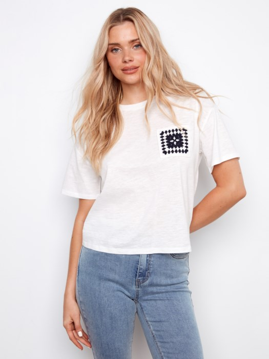 Short Sleeve Cotton Tee with Crochet Pocket for Women – Casual Top