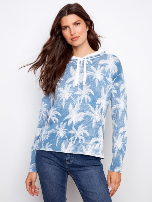 Coastal Palm Print Hoodie Sweater – Casual Lightweight Pullover