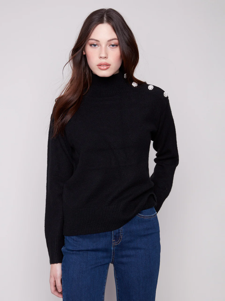 Black Mock Neck Sweater with Decorative Shoulder Buttons