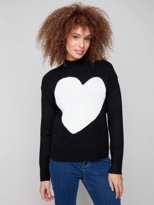 Black Mock Neck Sweater with White Heart – Cozy Winter Knit