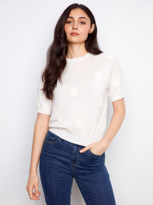Embroidered Short Sleeve Knit Top for Women – Soft Casual Essential