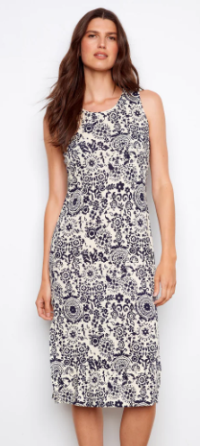 Charlie B Baroque Print Sleeveless Midi Dress – Navy & White Coastal Elegance