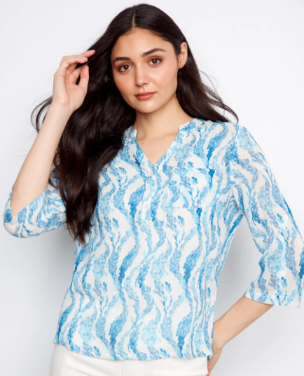 Charlie B Coastal Abstract Print V-Neck Top – Lightweight 3/4 Sleeve Knit
