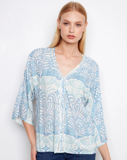 Charlie B Blue Abstract Print Dolman Sleeve Coastal Blouse