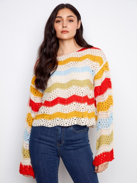 Striped Crochet Knit Sweater Top for Women – Lightweight Casual Pullover