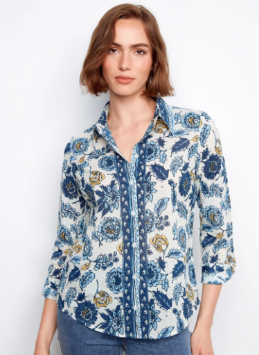 Charlie B Blue Floral Button-Up Blouse with Roll Tab Sleeves