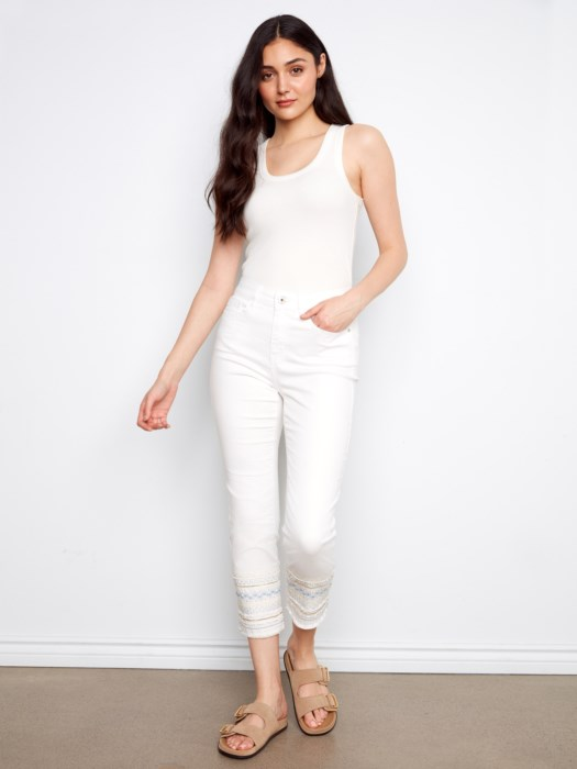 Coastal Embroidered Hem Ankle Pants – White Casual Stretch Pants