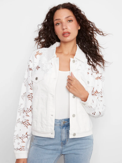 Charlie B White Crochet Lace Sleeve Twill Denim Jacket