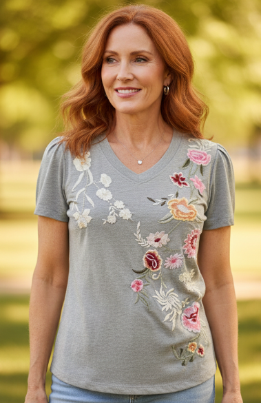 Artisan Bloom Embroidered Floral V-Neck Tee