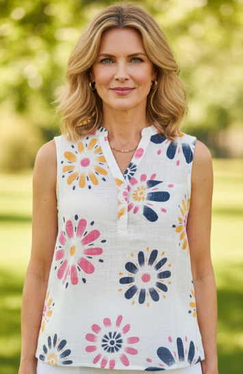 Floral Linen-Blend Sleeveless Blouse – Lightweight Summer Top