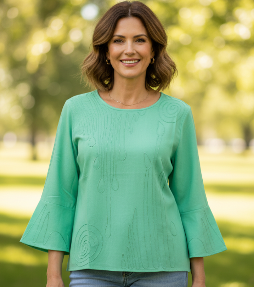 Coastal Breeze Seafoam Embroidered Bell Sleeve Blouse