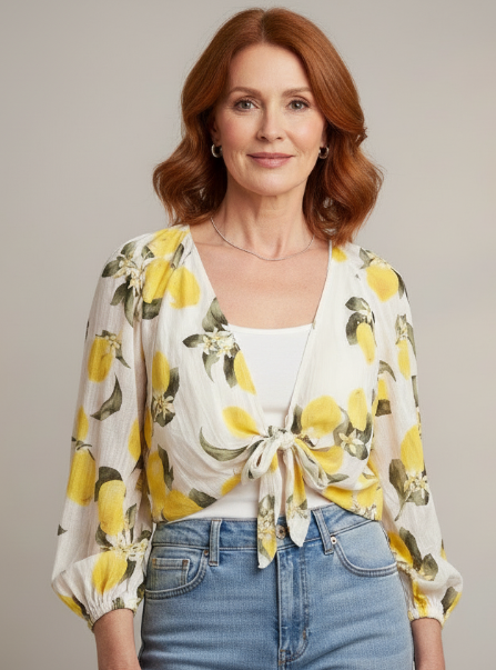 Amalfi Lemon Print Tie-Front Blouse – Lightweight Coastal Summer Top