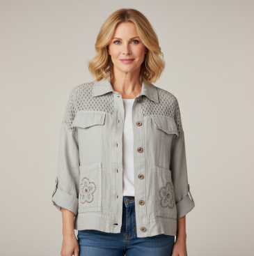 Coastal Embroidered Linen Shacket – Crochet Accent Shirt Jacket