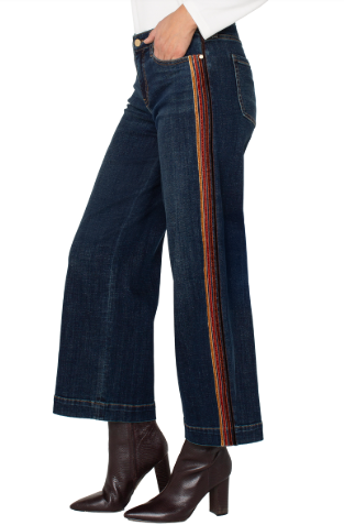 Dark Wash Wide Leg Jeans with Multicolor Side Stripe