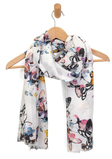 White Butterfly Print Lightweight Scarf – Soft Sheer Summer Wrap